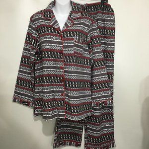 True North Canada Womens L Penguins Flannel Pajamas Top Pants Set Gray Red